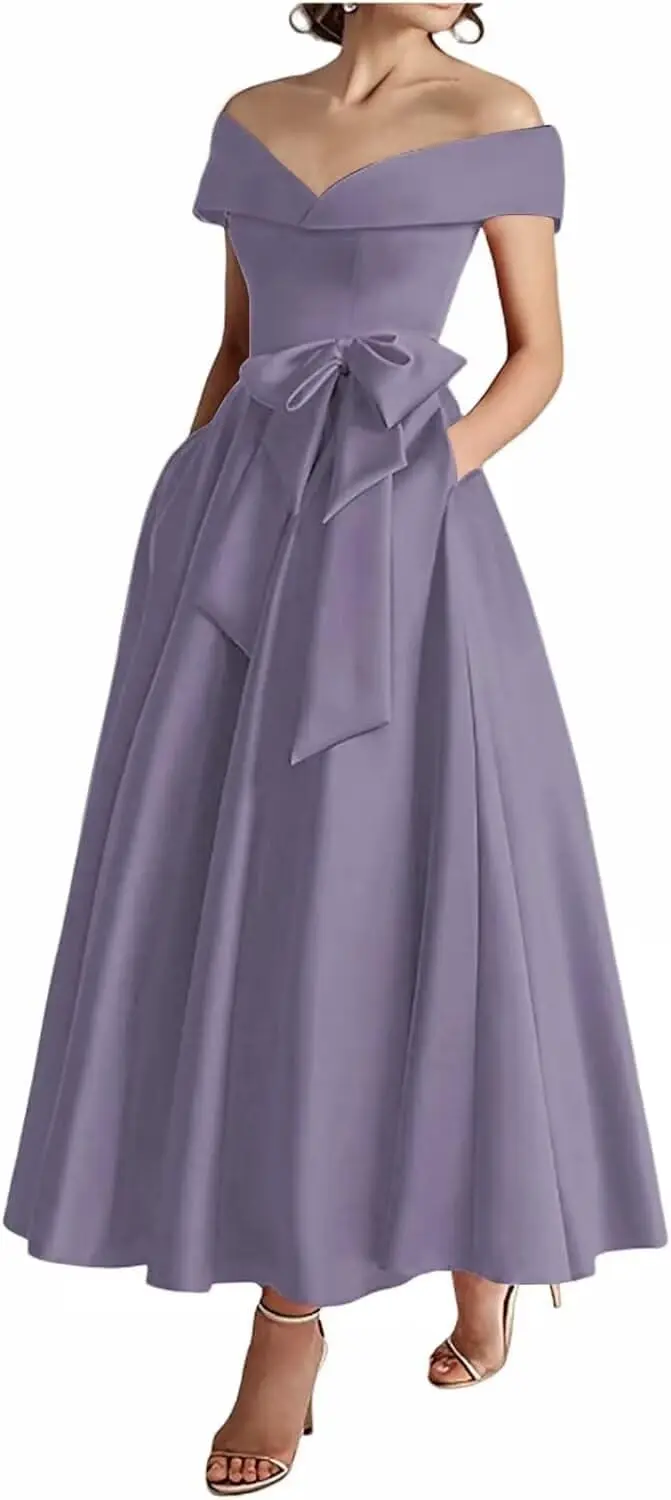 Robes mère de la mariée en satin, épaules dénudées, avec nœud, pour mariage, longueur thé, robe de soirée formelle avec poches