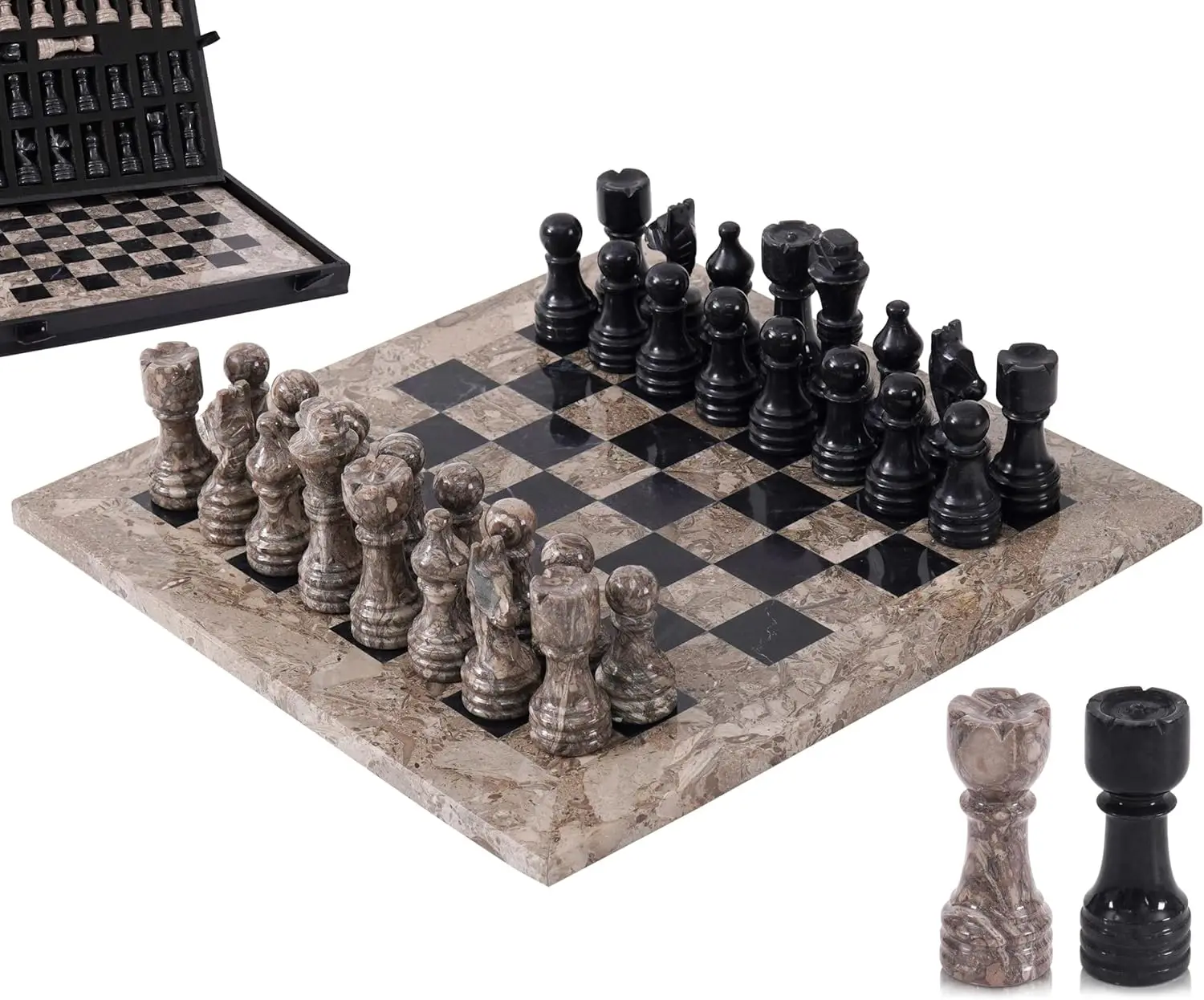 

Marble Chess Set for Adults 12' with 32 Pieces, 2 Extra Queens, Storage Box, Luxury Travel Game