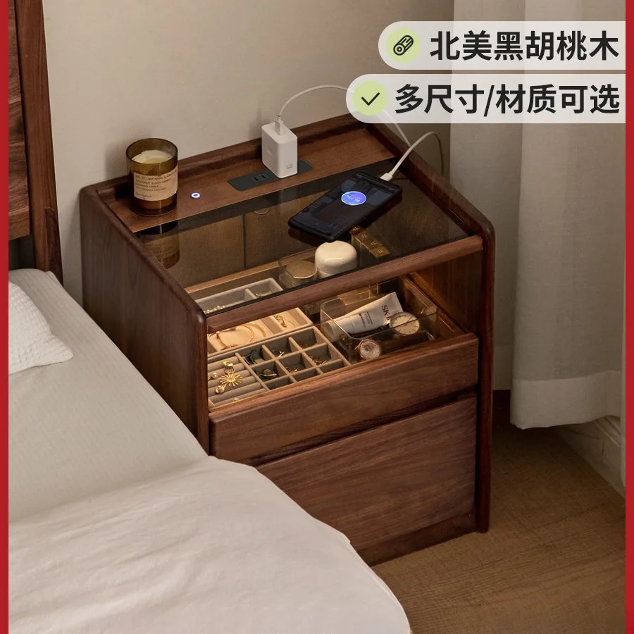 طاولة بجانب السرير من الخشب الصلب، طراز فاخر خفيف مع مقبس، خزانة صغيرة بجانب السرير، خزانة بأدراج منزلية من خشب الجوز الأسود #2