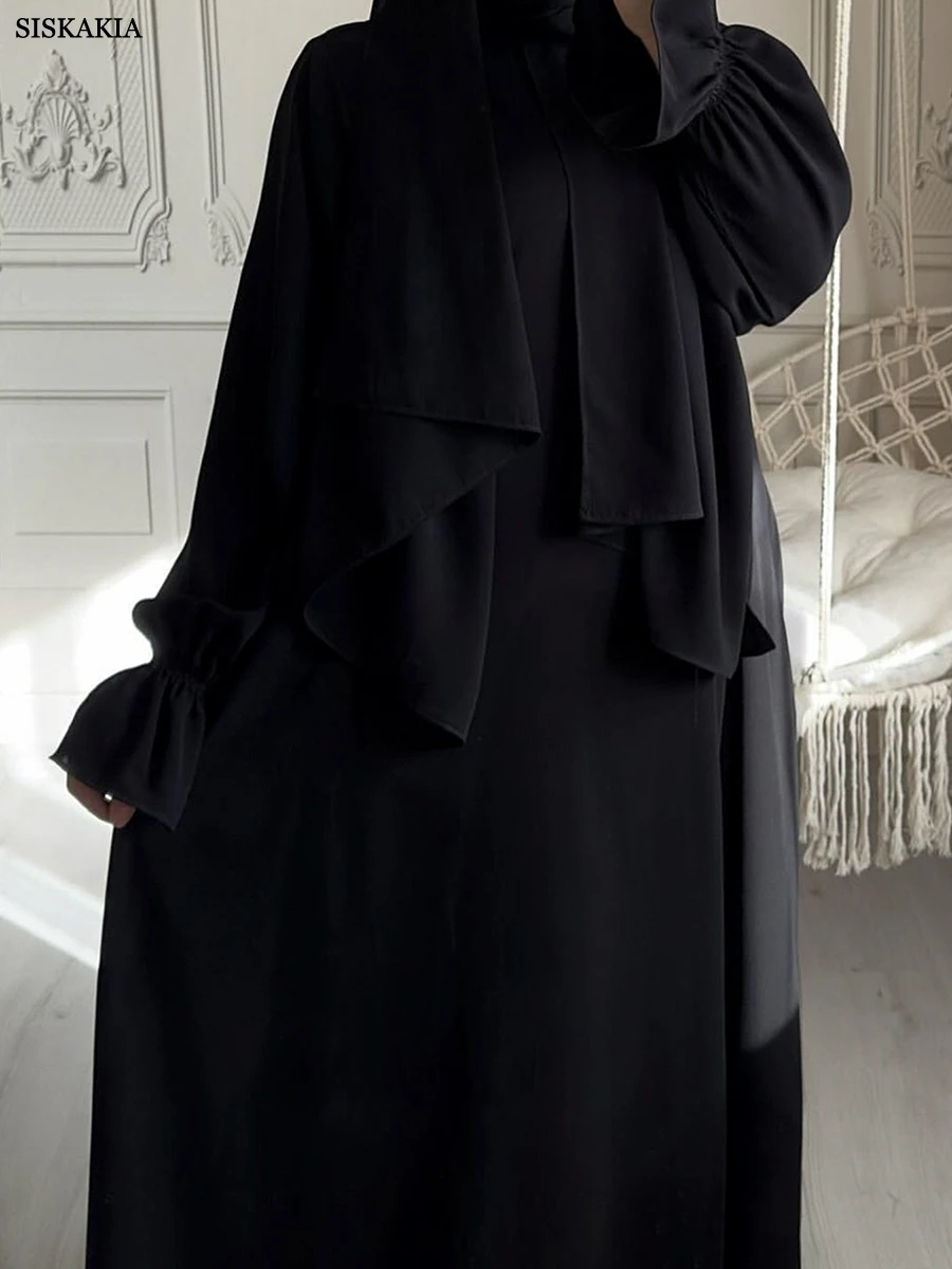 Siskakia Solid Modest Abaya Muslim Woman Dubai Dresses With Headscarf Flare Sleeve Casual Clothing Islam Dubai Prayer Robe