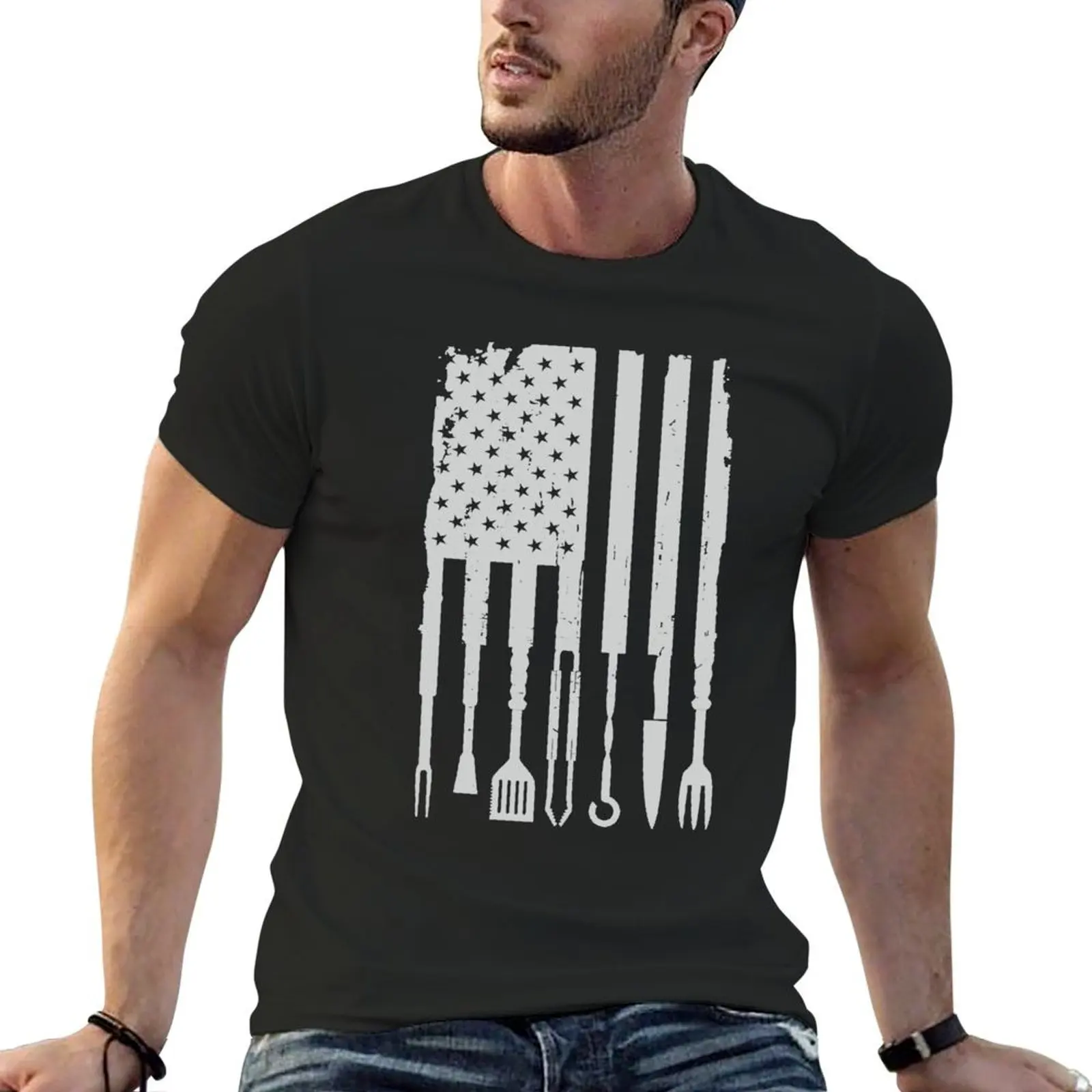 BBQ Smoker Grilling Pitmaster Barbecue American Flag T-Shirt plus sizes street wear mens graphic t-shirts pack