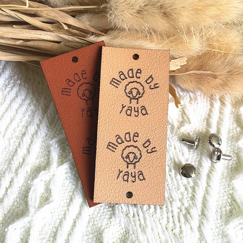 30pcs Custom leather logo tags for knitting clothing Personalize sewing fold over labels Handmade rectangle label for hat crafts