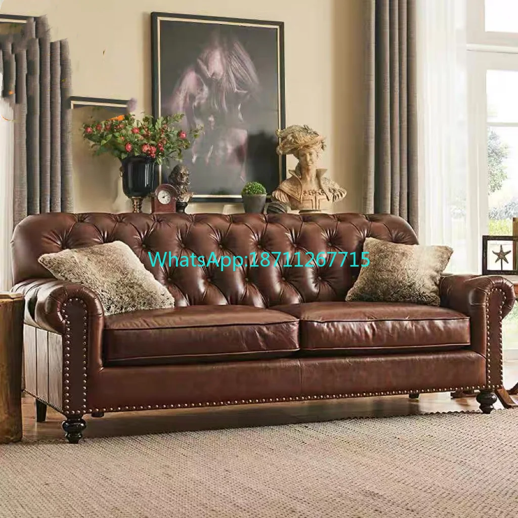 

American country solid wood genuine leather retro pull-button sofa