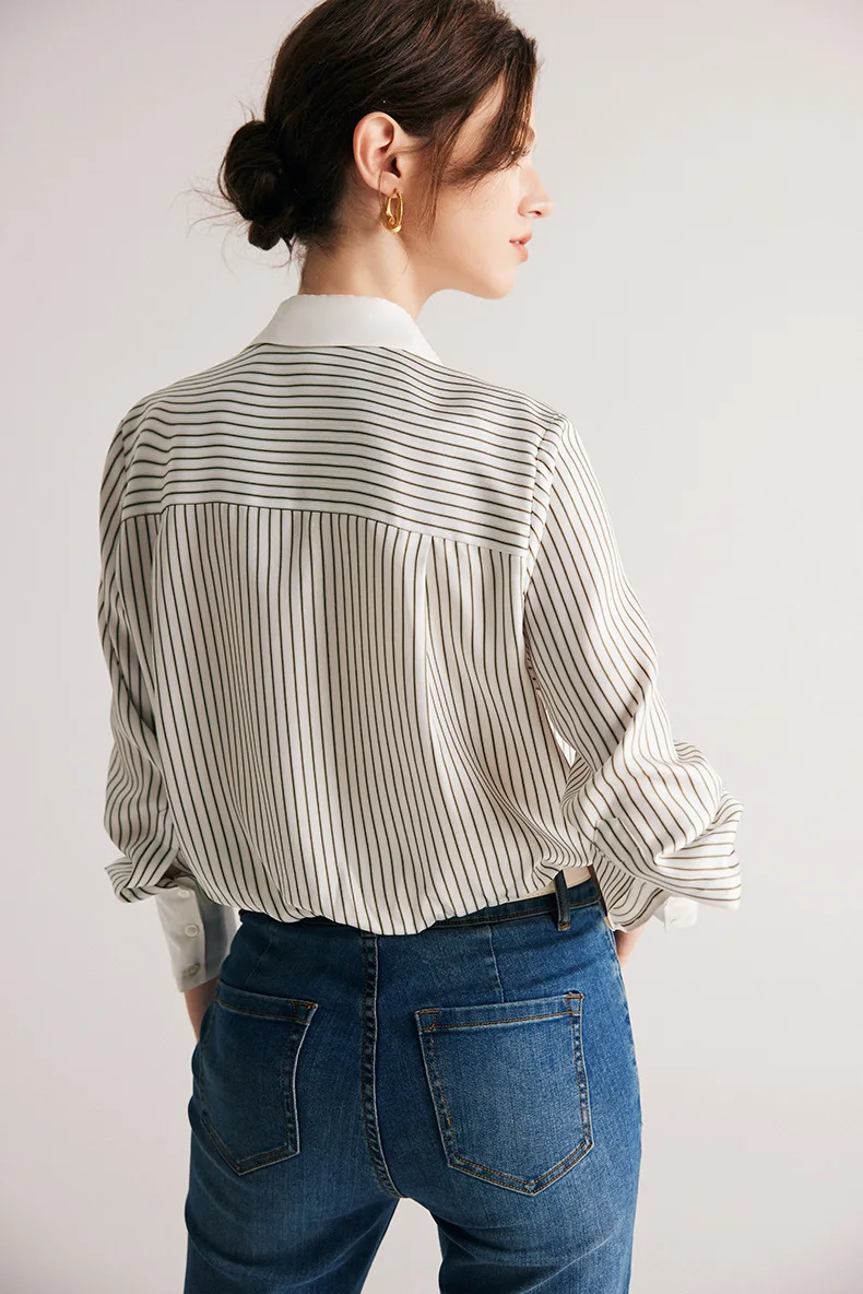 100% Silk Blouse Women Casual Style Stripe Printed Turn-Down Neck Long Sleeves Loose Top New Fashion