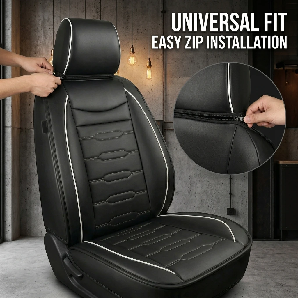 

Car Seat Covers Universal Fit Integrated Spill Barrier Faux Leather For Sedans SUVs Black With Blue Piping Breathable Waterproof