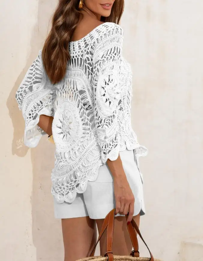 أفضل النساء 2025 ربيع جديد بلون قارب الرقبة Batwing كم الجوف التدريجي التباين الدانتيل فضفاض عادية التستر اليومي