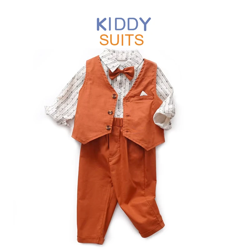 

Boys 3-Piece Suit Set Long-Sleeved Shirt Bow Tie Orange Vest Pants Gentleman Dress for Children's Birthday Wedding Party Outfit