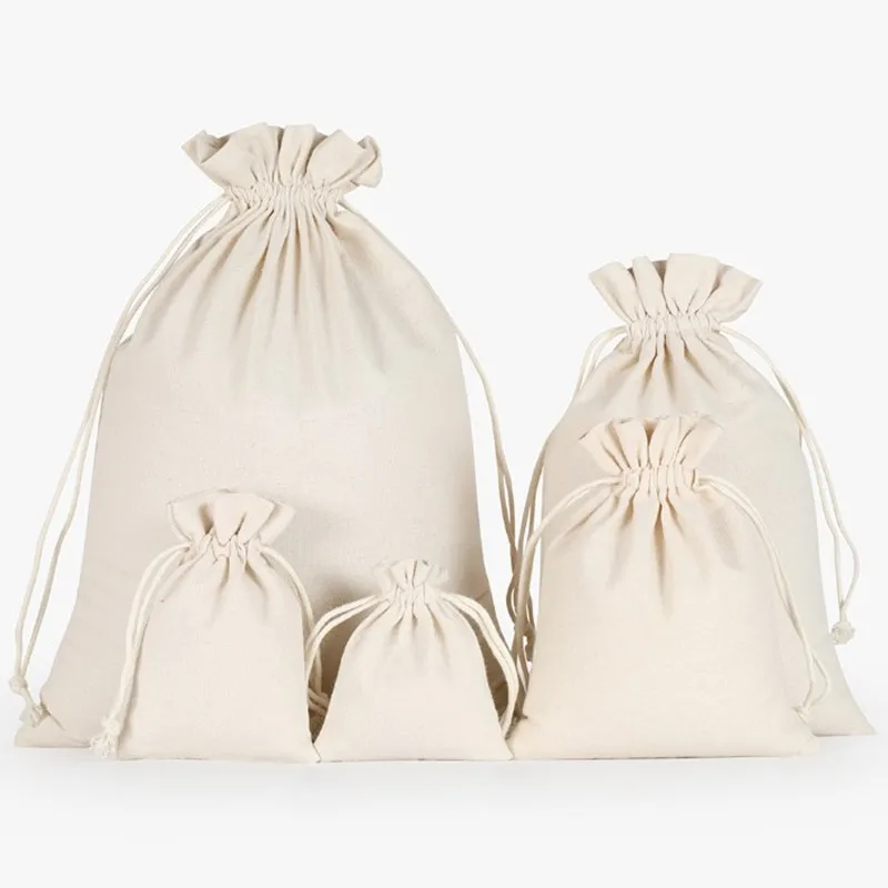 Natural Cotton Drawstring Bags Reusable White Canvas Linen Pouches for Wedding Christmas Gift Candy Sundries Organizer