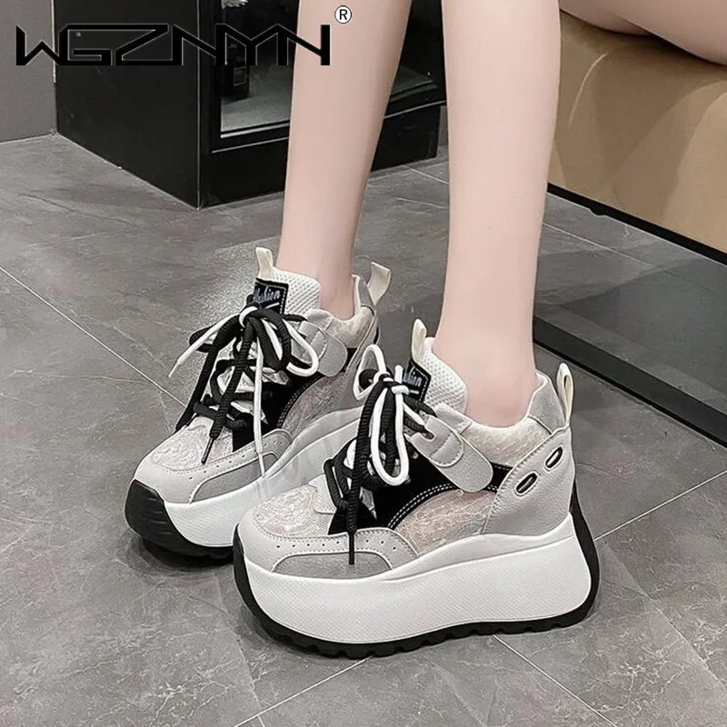 

NEW Air Mesh Genuine PU Leather Lace Flats Women Chunky Sneaker Fashion Summer Spring Comfy Booties Mixed Color Shoe Ankle Boots