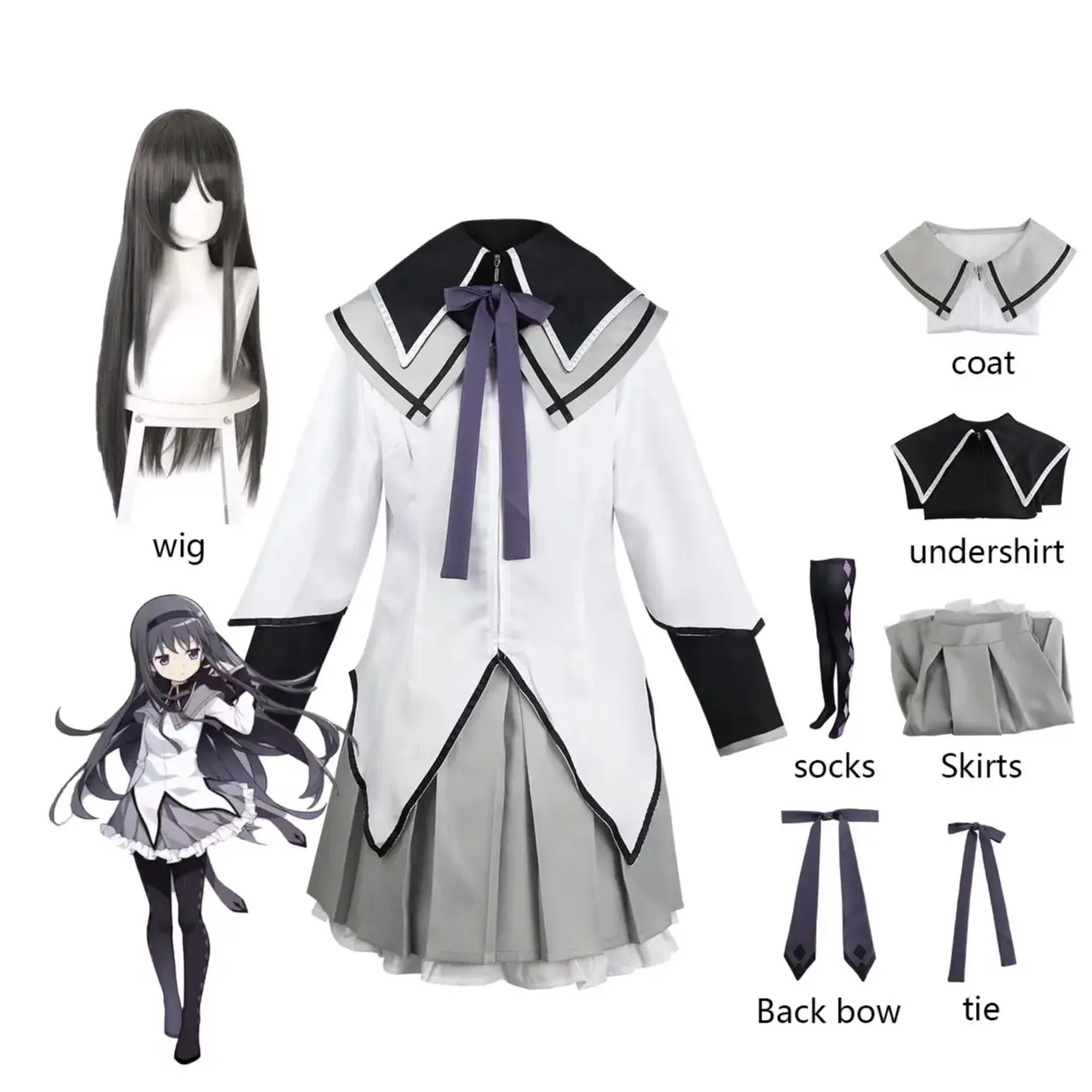 Akemi Homura Cos Costume Madoka Magica Magical Battle Dress,  Anime Cosplay Outfit for Halloween