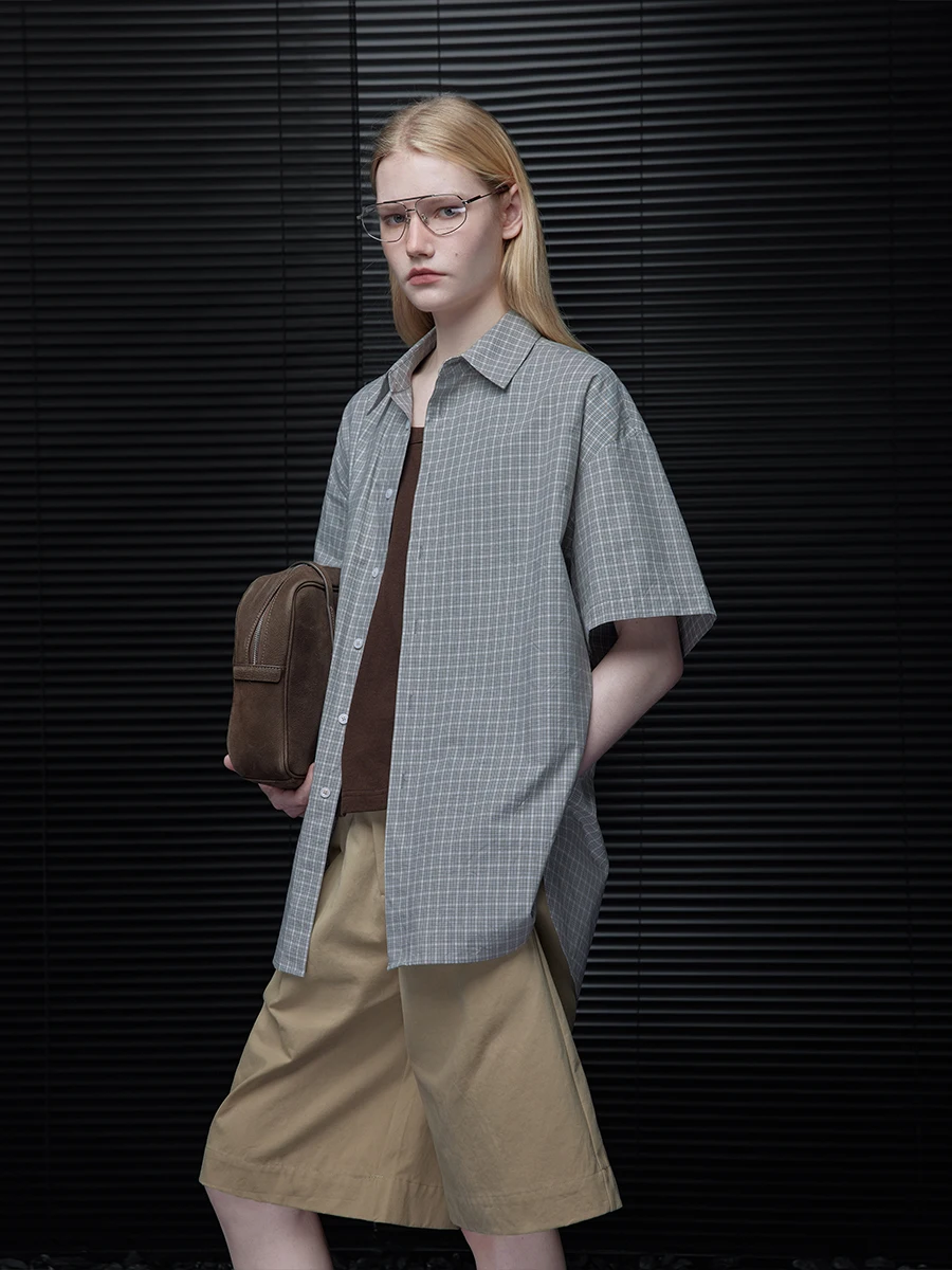 

Лето 2025: Женская клетчатая рубашка с коротким рукавом, свободный крой, повседневный уличный стиль, хлопок, модная, легкая, люксовая