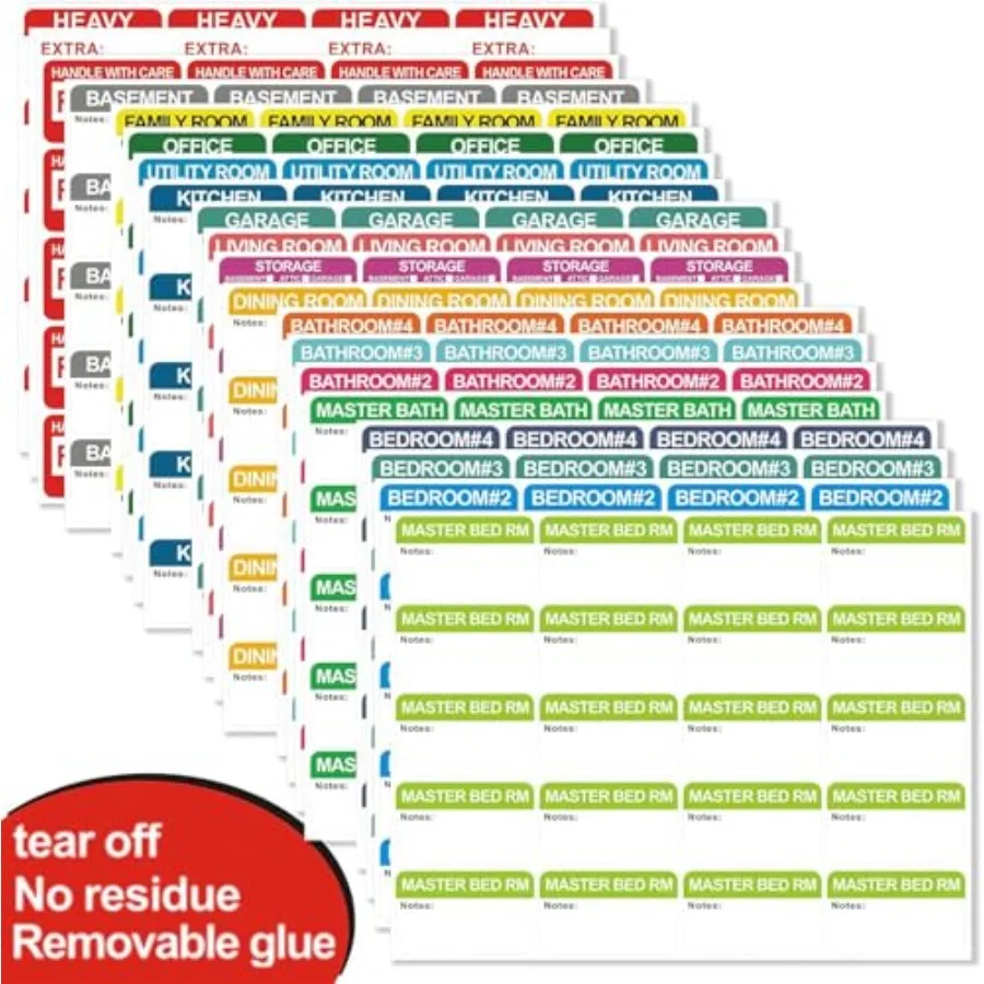 

400 шт., 20 видов конструкций, предварительно напечатанные цветные кодированные домашние съемные клеевые движущиеся этикетки для упаковочной коробки с записываемыми зонами для заметок, каждая мера