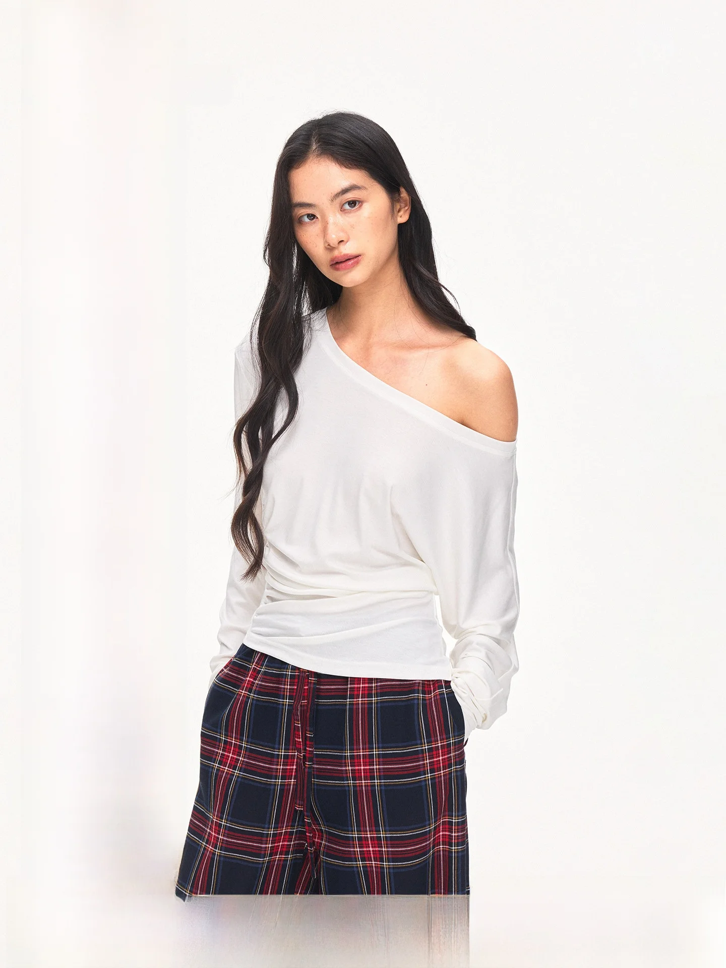 UnderStress Casual Long Sleeve T-Shirt Waist Cinched Folded Design Simple Style Women's Top Polyester Lyocell Fiber Blend