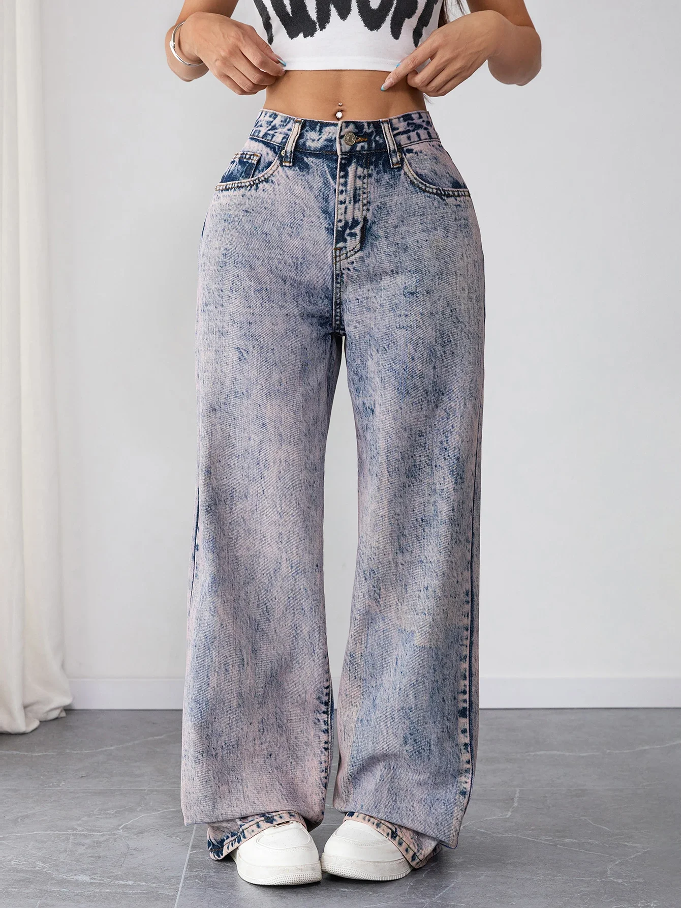 Vaqueros sueltos de calle a la moda para mujeres pequeñas, pantalones vaqueros lavados de tiro alto, ropa de pierna ancha inspirada en los años 90