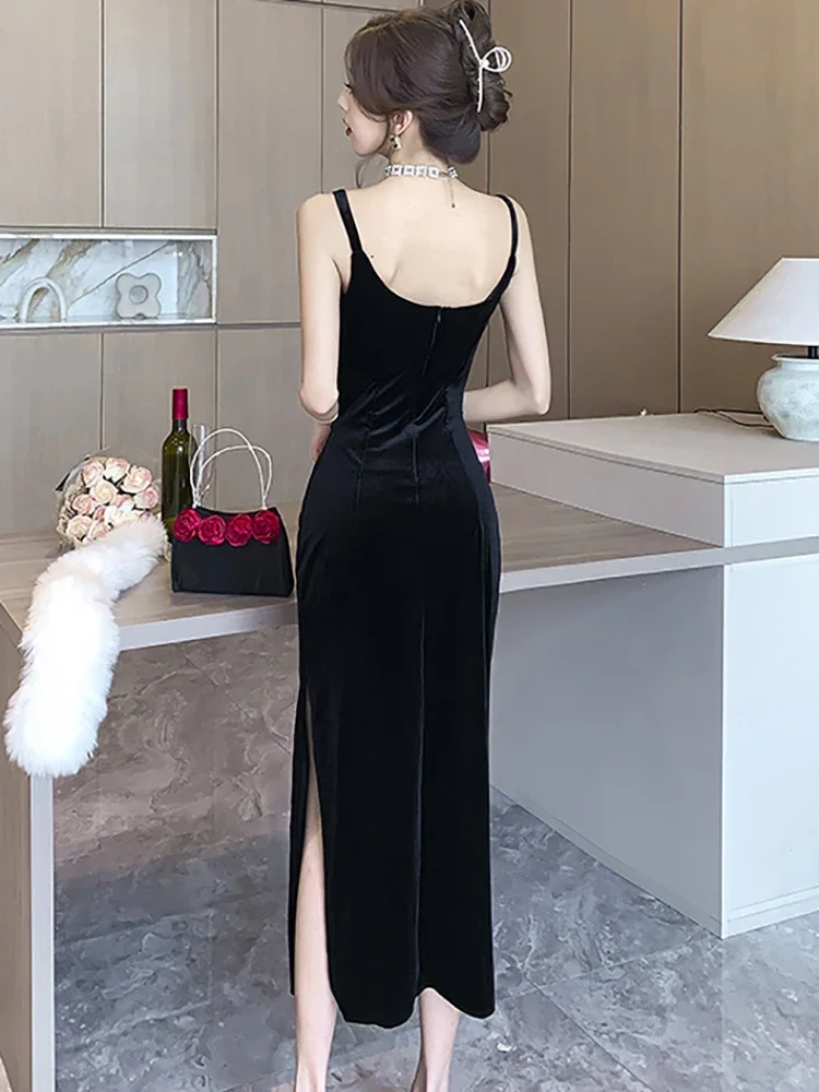 Black Velvet Backless Sexy Sling Slit Long Dress for Women Autumn Winter Elegant Dance Party Dress 2024 Korean Vintage Vestidos