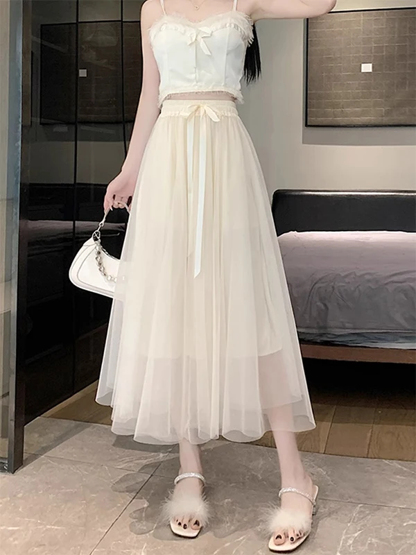 

Summer Peach Blossom Color Midi Fairy Skirt High Waist A-Line Princ Gown Sweet Girl's Long Skirt f-length Faionable