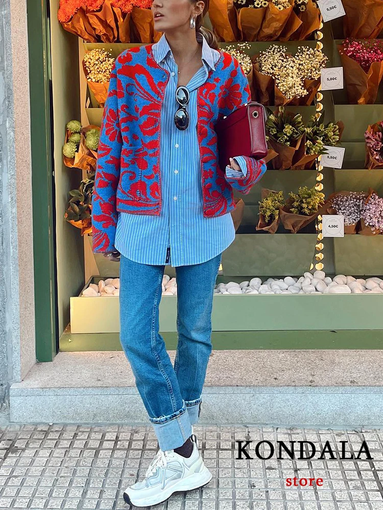 

KONDALA VintageBlue Red Floral Cardigans Women O-Neck Knitted Single Breasted Warm Sweater Fashion 2022 Autumn Winter Jackets