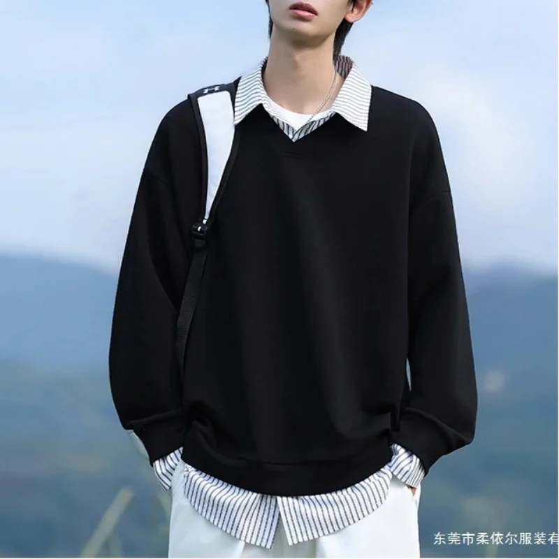 New Spring and Autumn Style Design Feel Loose and Versatile Splicing Fake Two-piece Long-sleeved Sweatshirt Men's black Top