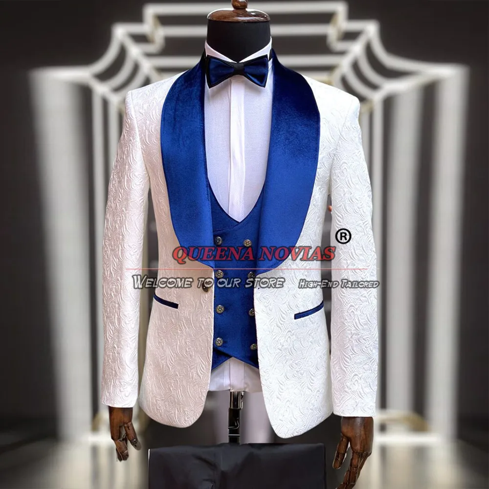 Boys' Attire For Wedding White Floral Jacquard Jacket Vest Pants 3 Pieces Formal Children Suits Tailor Made Kids Birthday Dress