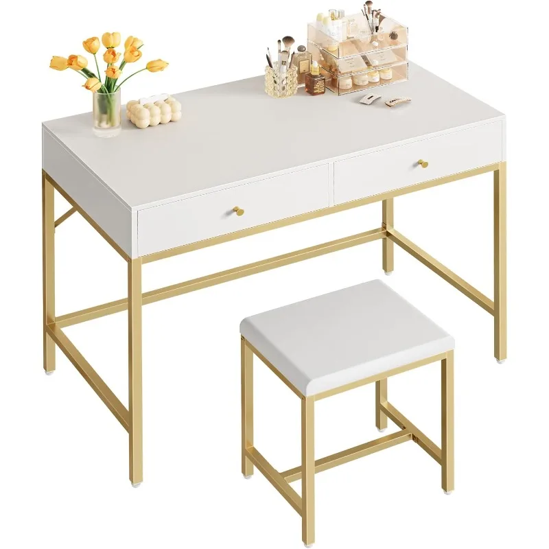 

35.4" White and Gold Desk with 2 Drawers, Modern Makeup Vanity Desk with Padded Stool, Small Computer Desk Home Office Desk