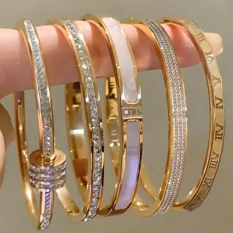 Yupsk Titanium Steel Couple's Bracelet Shiny Zircon Inlaid Stainless Steel Bangles Gold/Silver Color Female Jewelry Gift