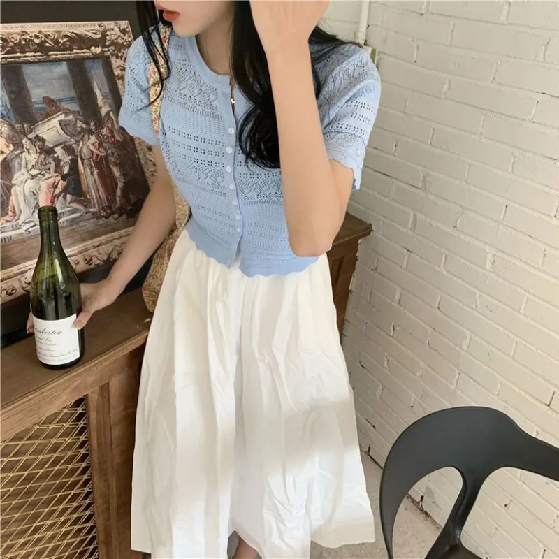 Women Crop Tops Short-sleeve Knit Cardigan Hollow Out Crochet Knit Design Buttons Tees Shirts Sheer Stylish Slim Fit Female Tops