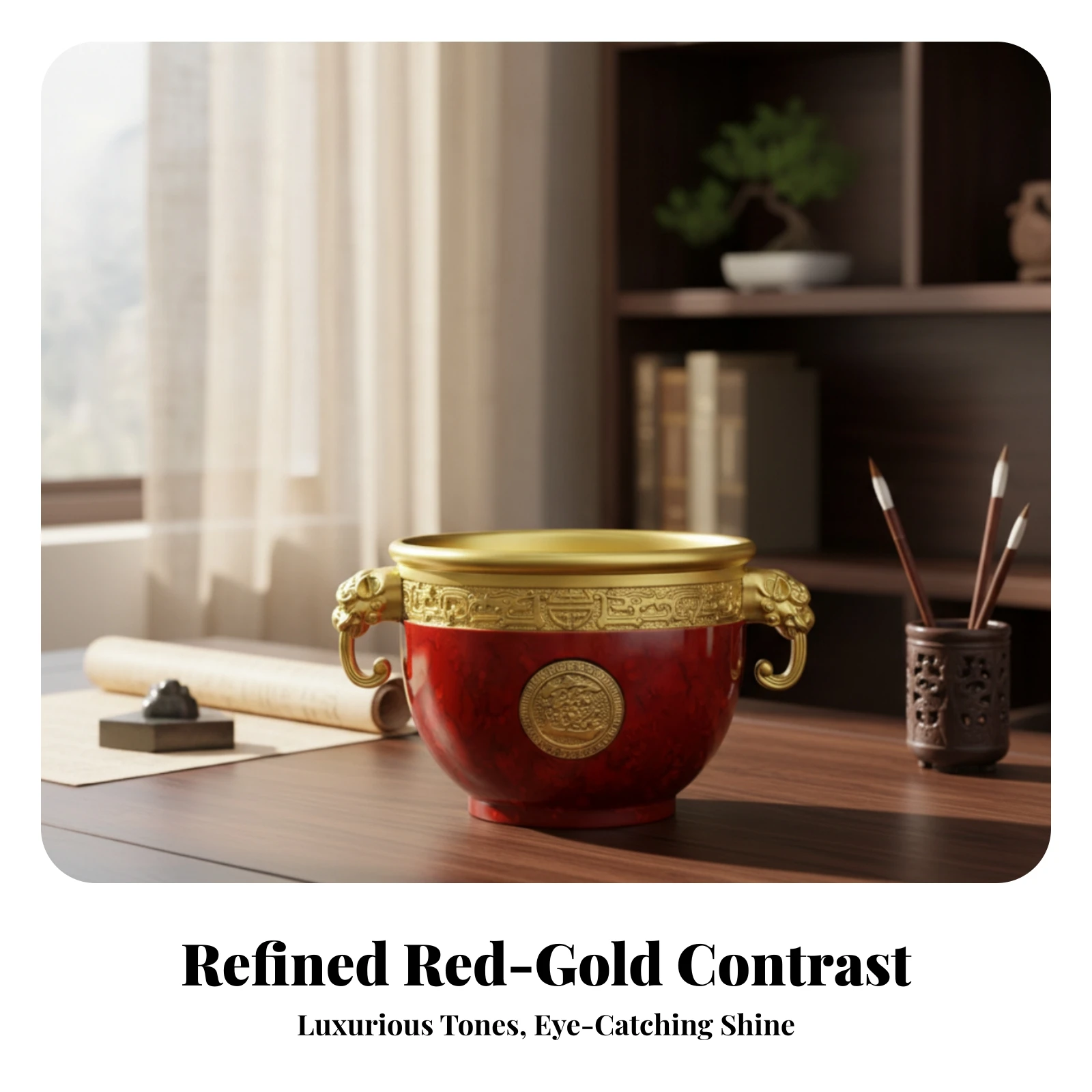 

Elephant Handle Vase Red Marbled Copper Vase Decorative Vessel Gold Rim Home Decor Ornate for Office