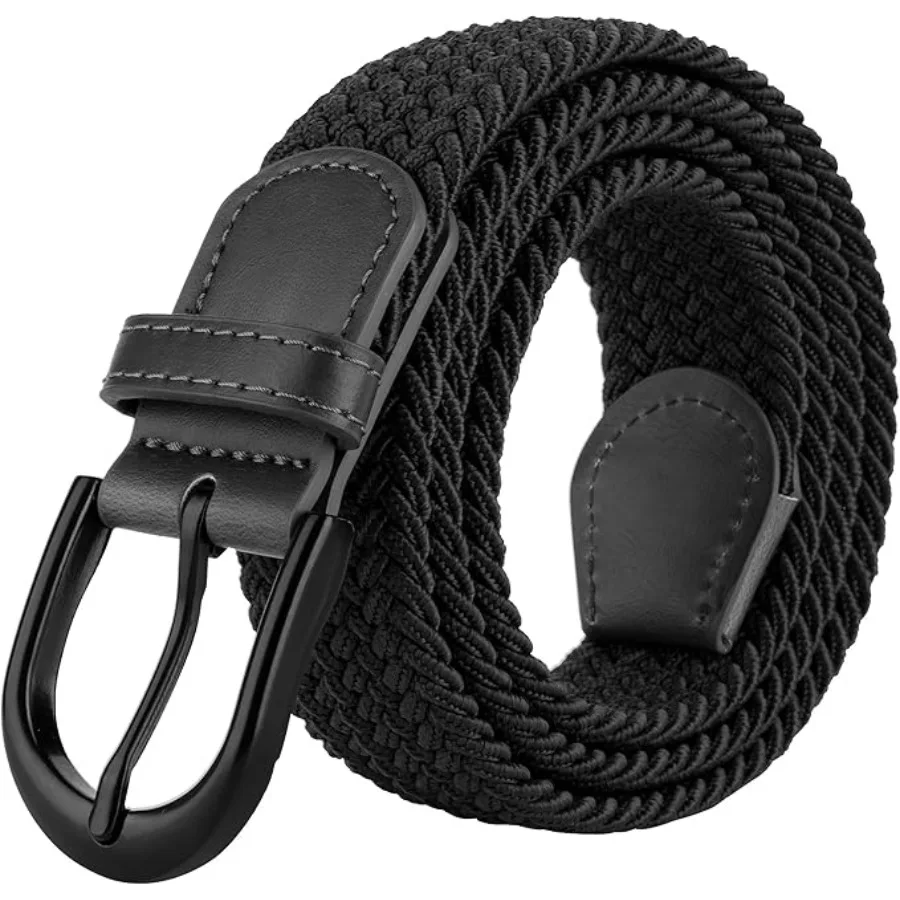 

Braided Stretch Elastic Belts Pin Oval Solid Black Belt Buckle PU Loop End Tip Men/Women, X-Large 40"-42" (47" Length), Black
