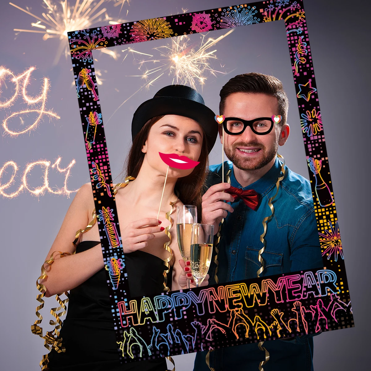 1set 2025 Happy New Year Paper Paper Photo Frame colorful Photo Booth Props New Year Eve Party Decorations Photobooth Prop