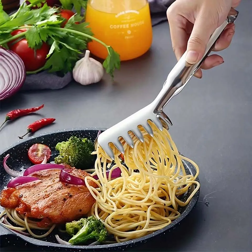 Stainless Steel Pasta Tongs Spaghetti Server Heat Resistant Tool Comfortable Grip Spaghetti Noodle Cooking Tongs Kitchen Gadgets