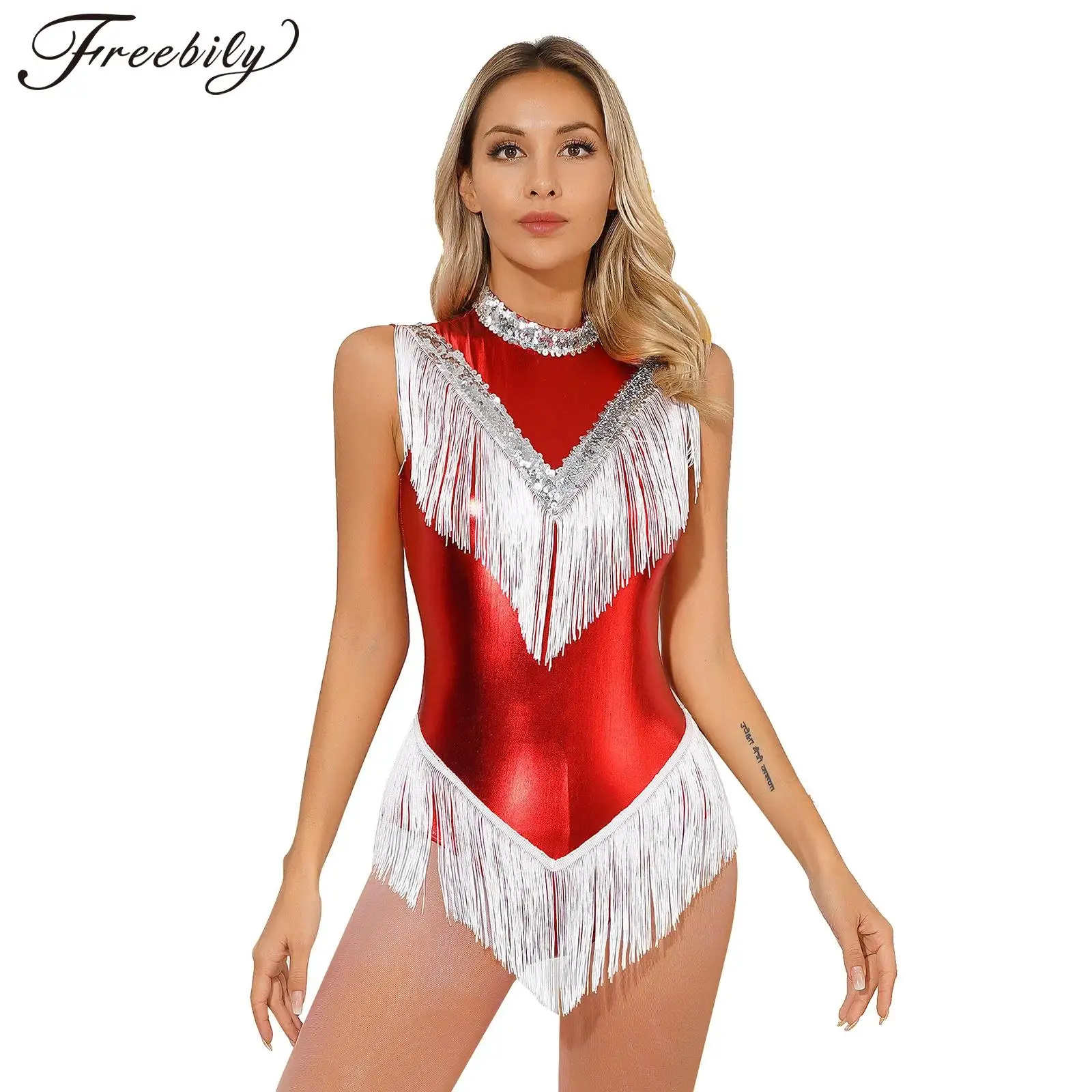 Womens Rhythmic Gymnastics Bodysuit with Tassels Sparkly Sequins Fringed Latin Dance Leotard Ballerina Jazz Dancing Costume