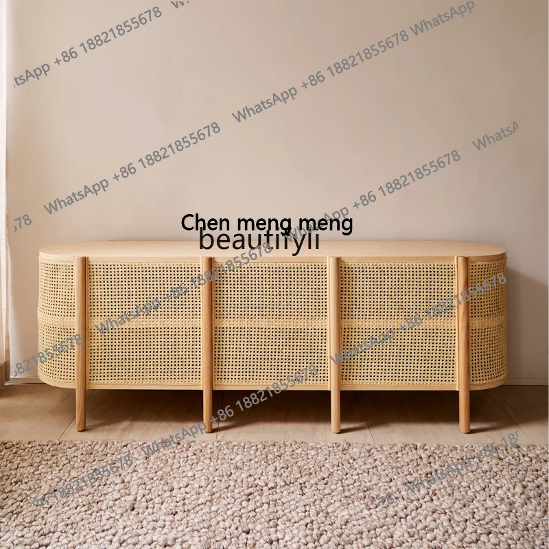 

Nordic rattan solid wood TV cabinet postmodern home living room floor cabinet small apartment hotel rattan furniture H