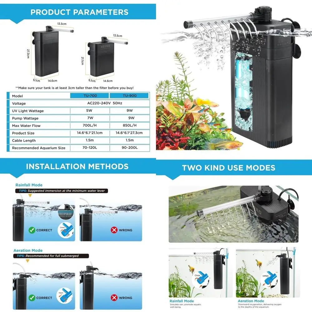 

Внутренний фильтр для аквариума с УФ-светом 18 Вт, многофункциональными фильтрующими материалами, погружной насосом для аквариума с регулируемым потоком воды для