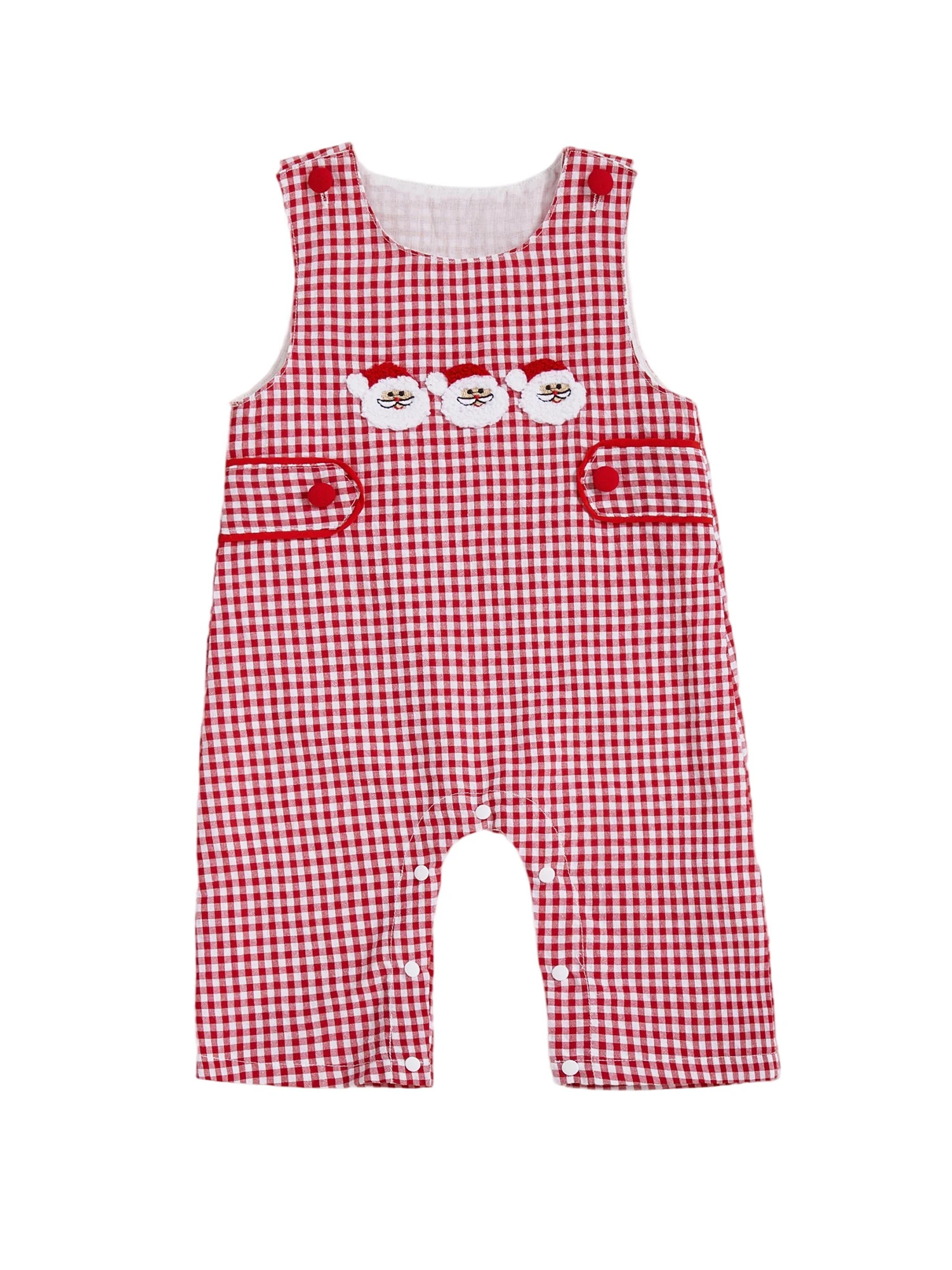

Cute Reindeer Print Overall Stylish Winter Holiday Sleeveless Jumpsuit with Round Neck and Button Closure