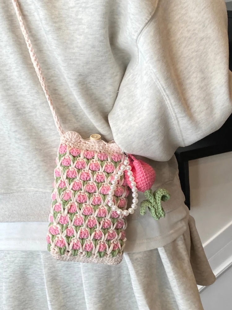2026 New Handcrafted Tulip Knitted Crossbody Small Phone Bag Soft Cotton  Lock Clutch for Daily Use Universal Female