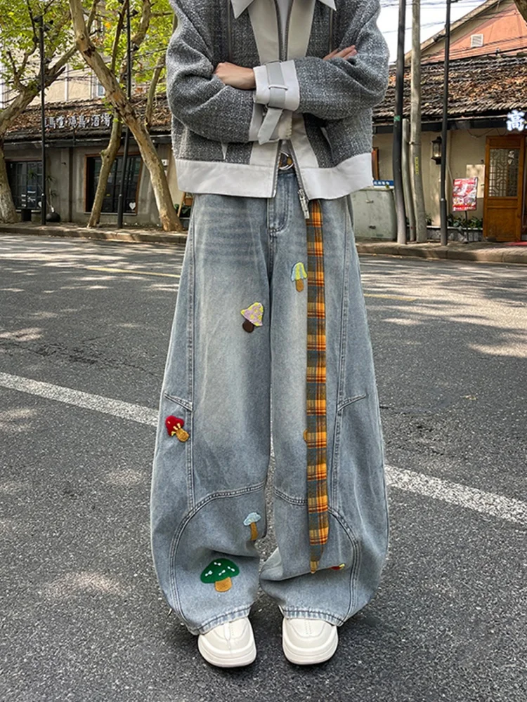 

Low Waist Oversized American Retro Towel Embroidery Knife Wide Leg Jeans Women's Autumn Winter Loose Fit Floor Length Pants