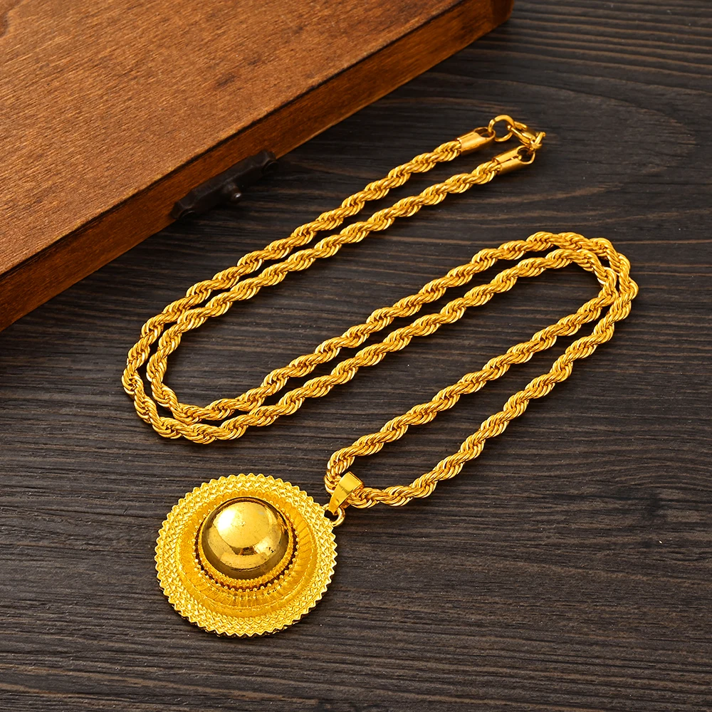 Luxury Gold Color Bridal Jewelry Sets Women Ethiopian Pendant Hairpin Necklace Earrings Bangle Ring Wedding Party Gift