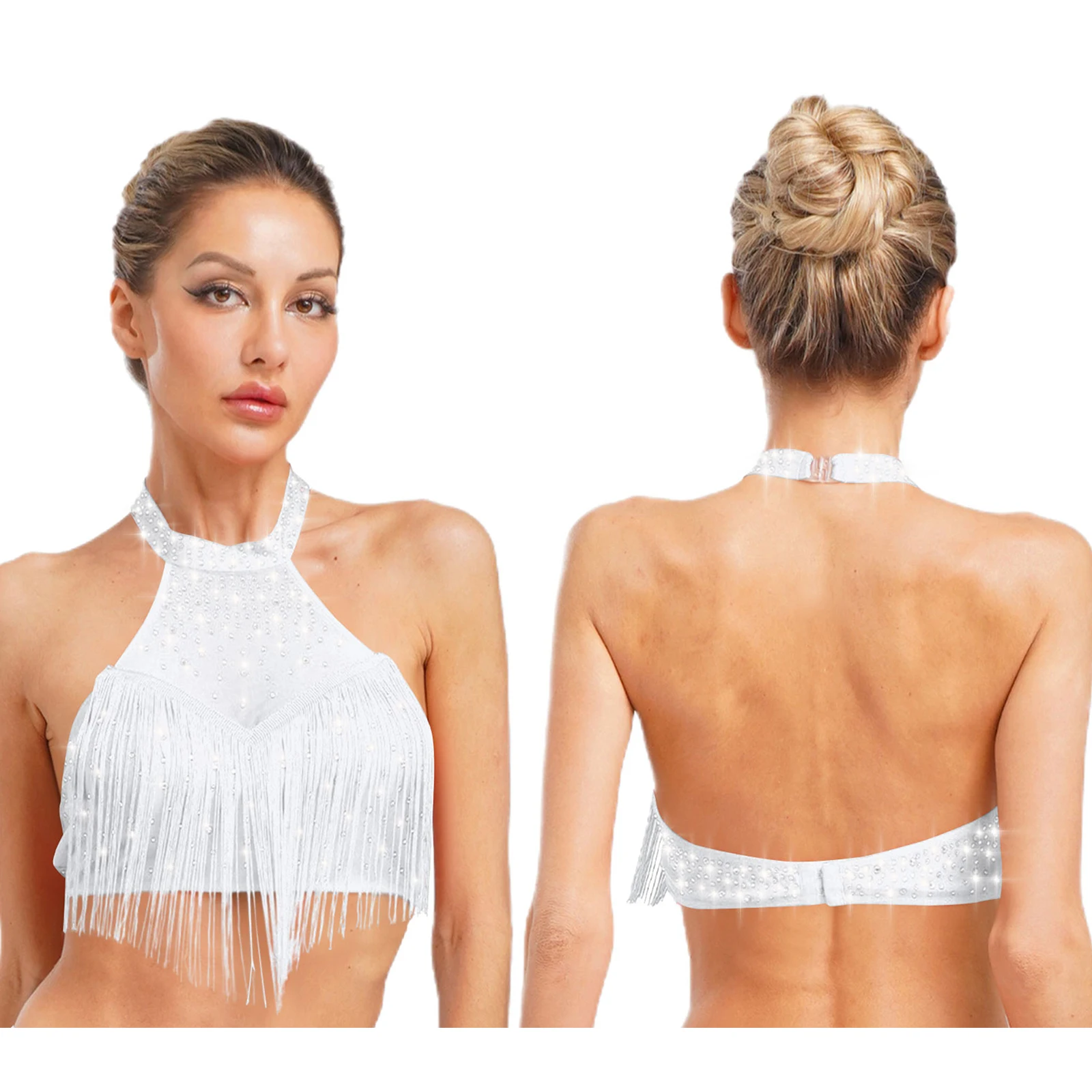 Vrouwen Latin Moderne Danskostuums Glanzende Steentjes Halter Crop Tops Of Dans Rok Shorts voor Salsa Samba Buikdanskleding