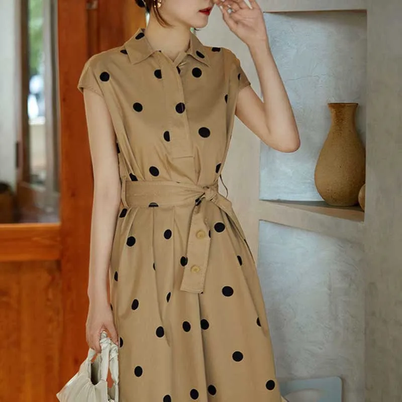 Fashion Lapel Pockets Bandage Sleeveless Polka Dot Casual Dresses Women's Clothing 2024 Summer New Loose Commuter Midi Dress