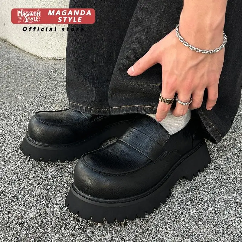 Real leather loafers men's new niche thick soled small leather shoes British style slip in  versatile casual big toe shoes