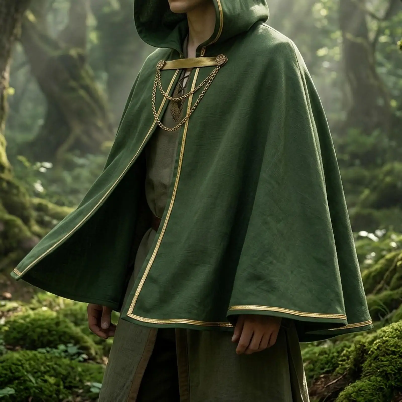 Gothic Renaissance Cloak for Women Linen Cape with Hood Medieval Fantasy Shoulder Wrap Gold Accent Clasp