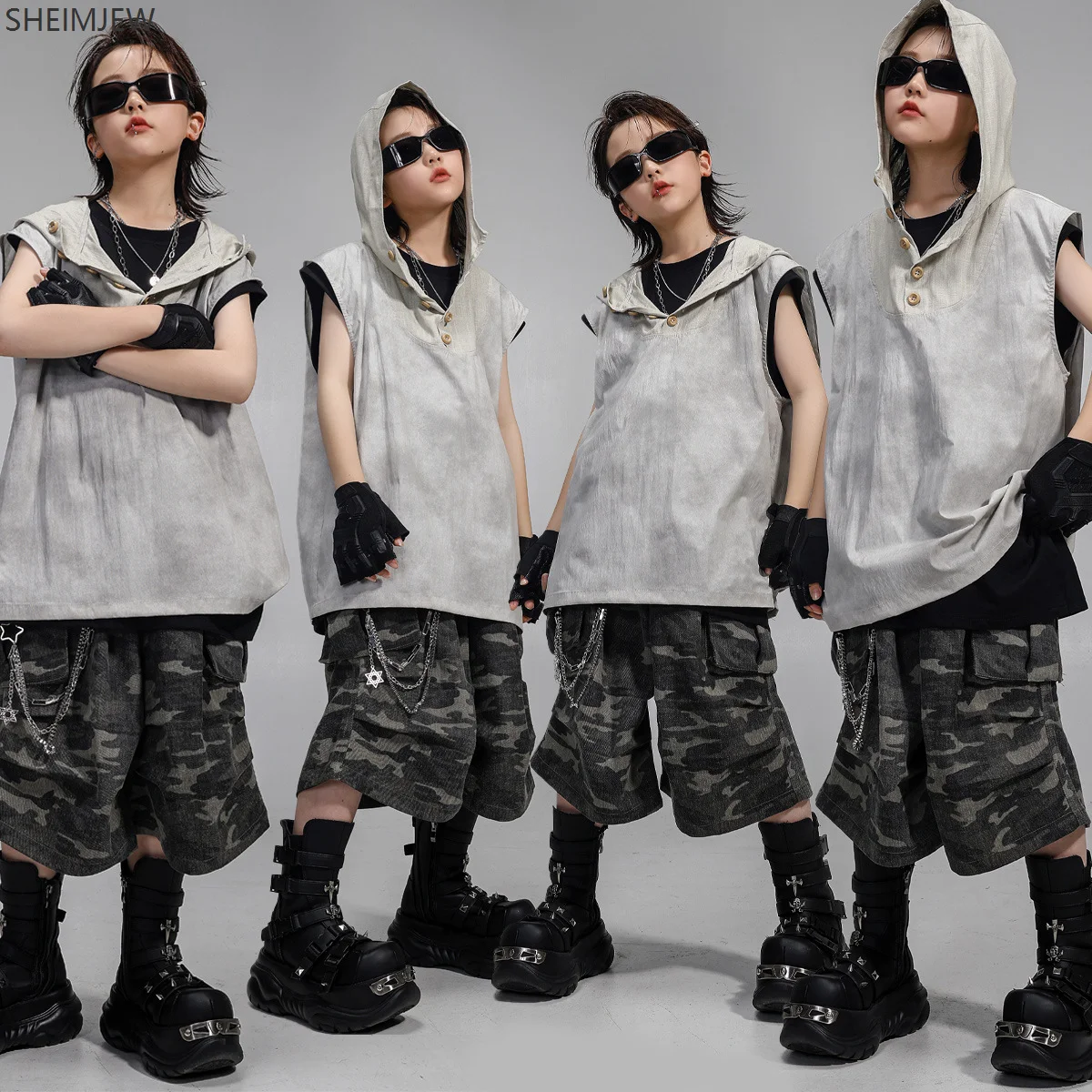 

Children's Korean Hip-hop Costume Gray Hooded Kpop Vest Camouflage Workwear Shorts Cosplay Jazz Dance Competition Sleeveless Set
