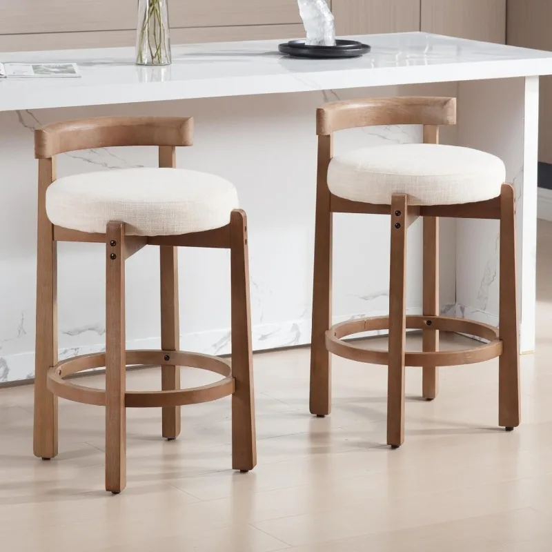 HEAH-YO Mid Century Modern Bar Stools Set of 2, 26.5" Counter Stools with Back, Linen Upholstered Barstools