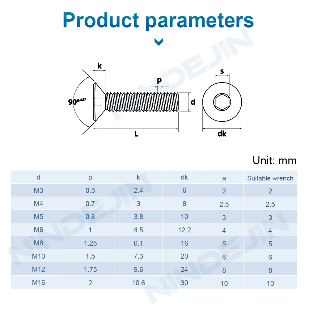NINDEJIN مسدس المقبس غاطسة رئيس مسامير 10.9 الصف الأزرق الزنك الصلب M3-M16 عرافة المقبس شقة رئيس غطاء ألين المسمار DIN7991