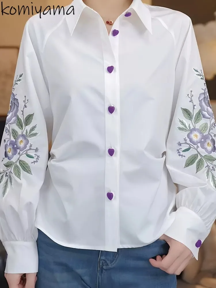 

Embroidery Hook Flower 2025 Blusas Mujer Loose Shirts & Blouses Turn Down Collar Woman Clothing Full Sleeve Camisas Ropa