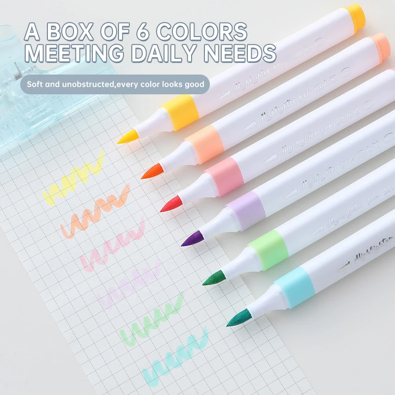 6 Colors Highlighter Markers Kawaii Stationery Items Cute Highlighter Outline Pen Set Back to School Supplies for Students Kids