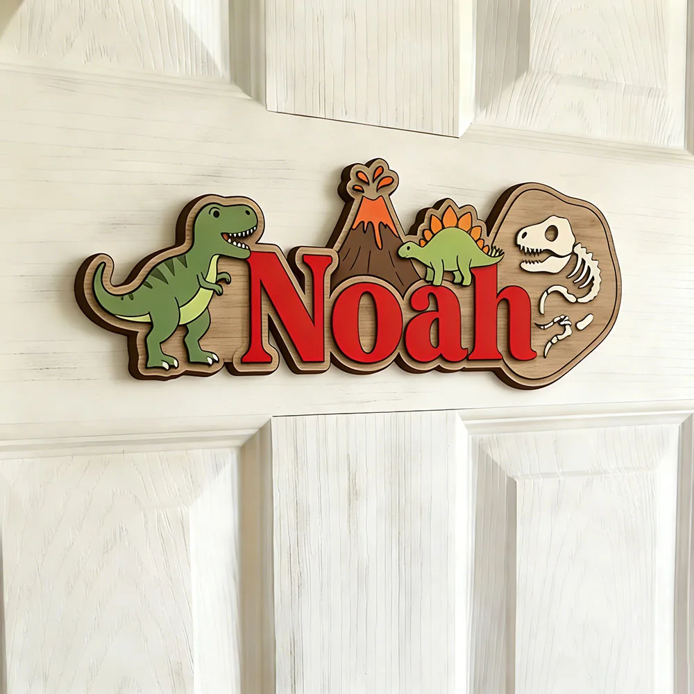 Prehistoric Dinosaur Personalized Name Sign, Neutral 3D Wooden Nursery Decor with Volcano & Dino Skeleton, Custom Kids Room Door