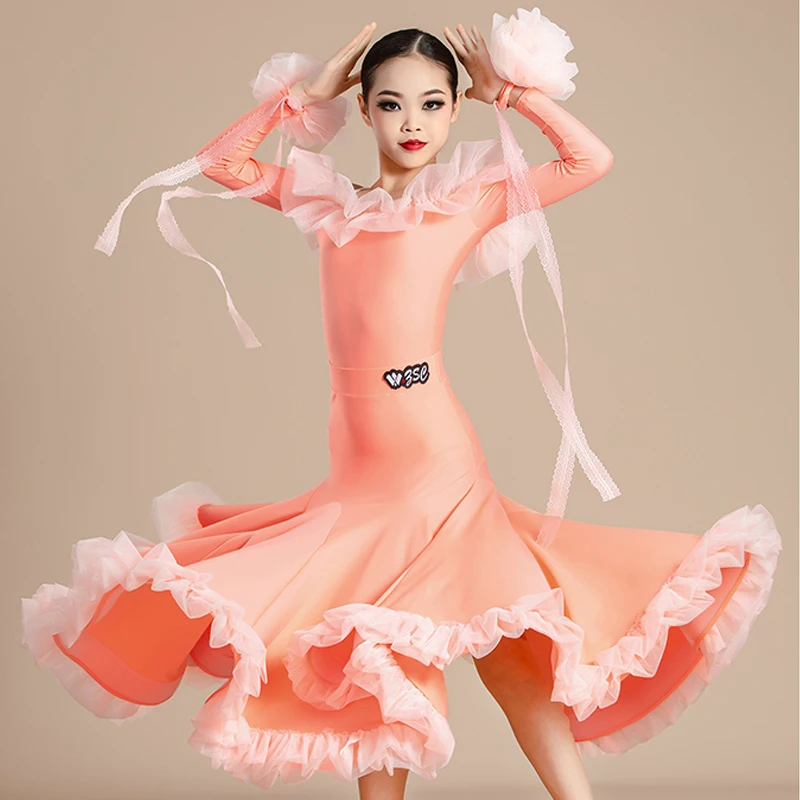 Sukienka konkursowa do tańca latynoamerykańskiego dla dziewczynek, 3 kolory, długi rękaw, kostiumy do tańca towarzyskiego dla dzieci, odzież do tańca XS7607