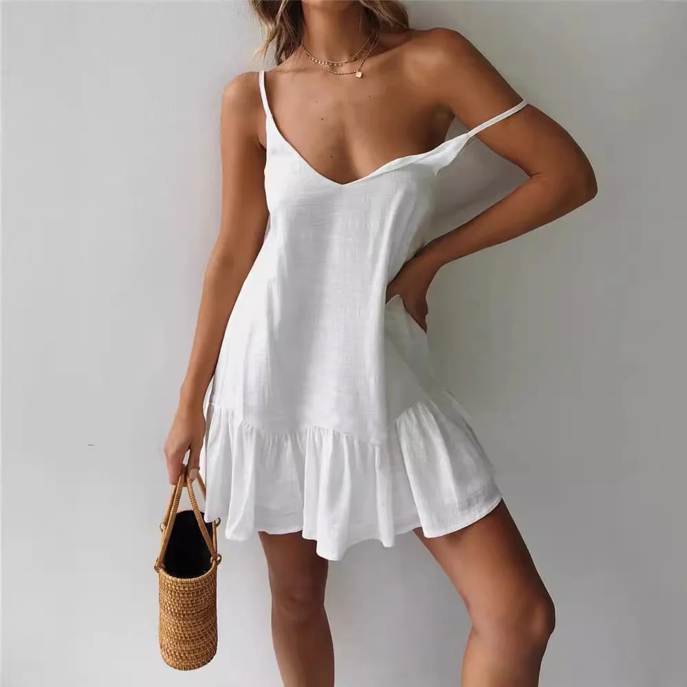 

Suspender Skirt Women's Cotton and Linen Solid Color White V-neck Sexy Fashionable Vacation Summer Mini Dress for Women