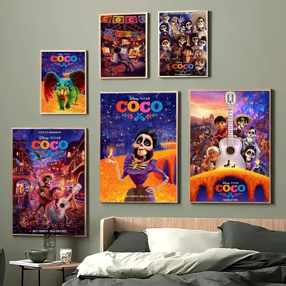 1PC  Animated Movies Print Poster Paper Waterproof HD Sticker Disney Coco Bedroom Entrance Home Living Room Bar Wall Decoration